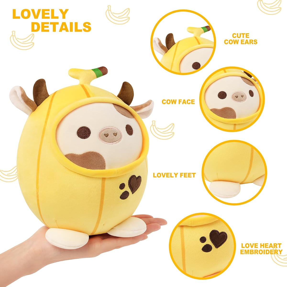 Banana Cow Plush Pillow Cow with Banana Outerwear — Yellow 8" — view 4