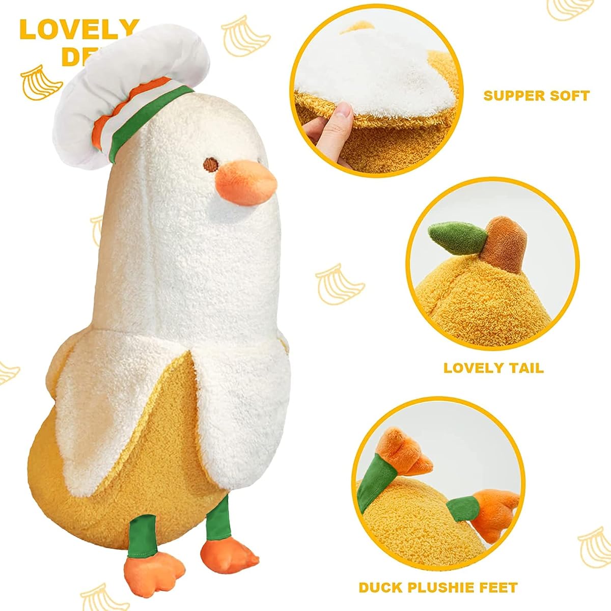 Banana Duck Long Banana Chef Duck Plush Pillow — White 19.7" — view 3