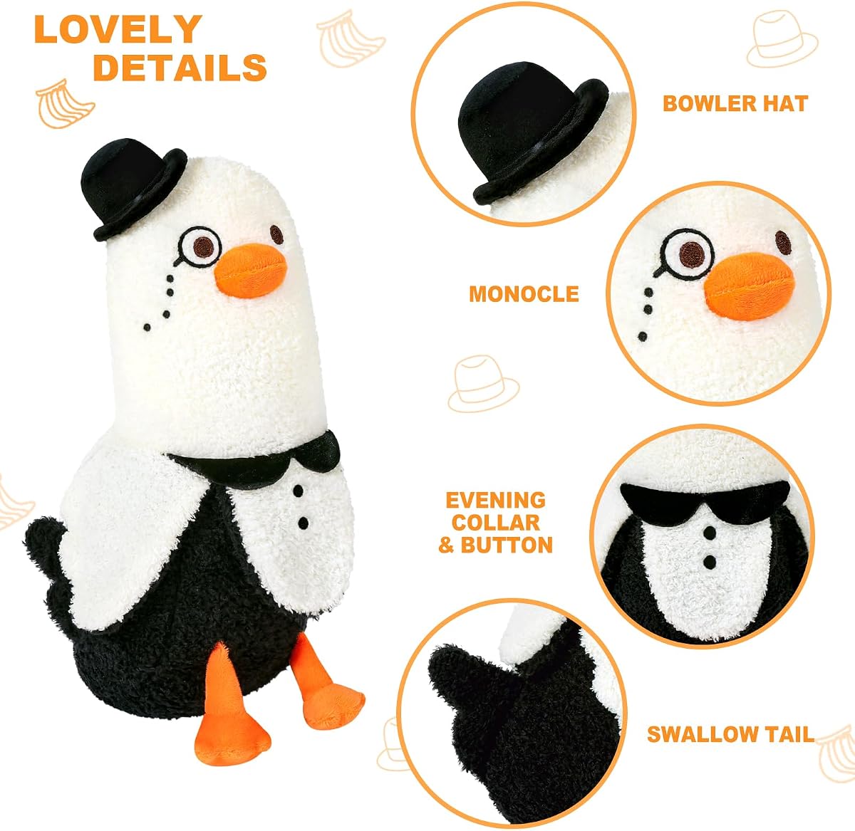 Banana Duck Plush Pillow in a Bowler Hat Monocle — 12" — view 4