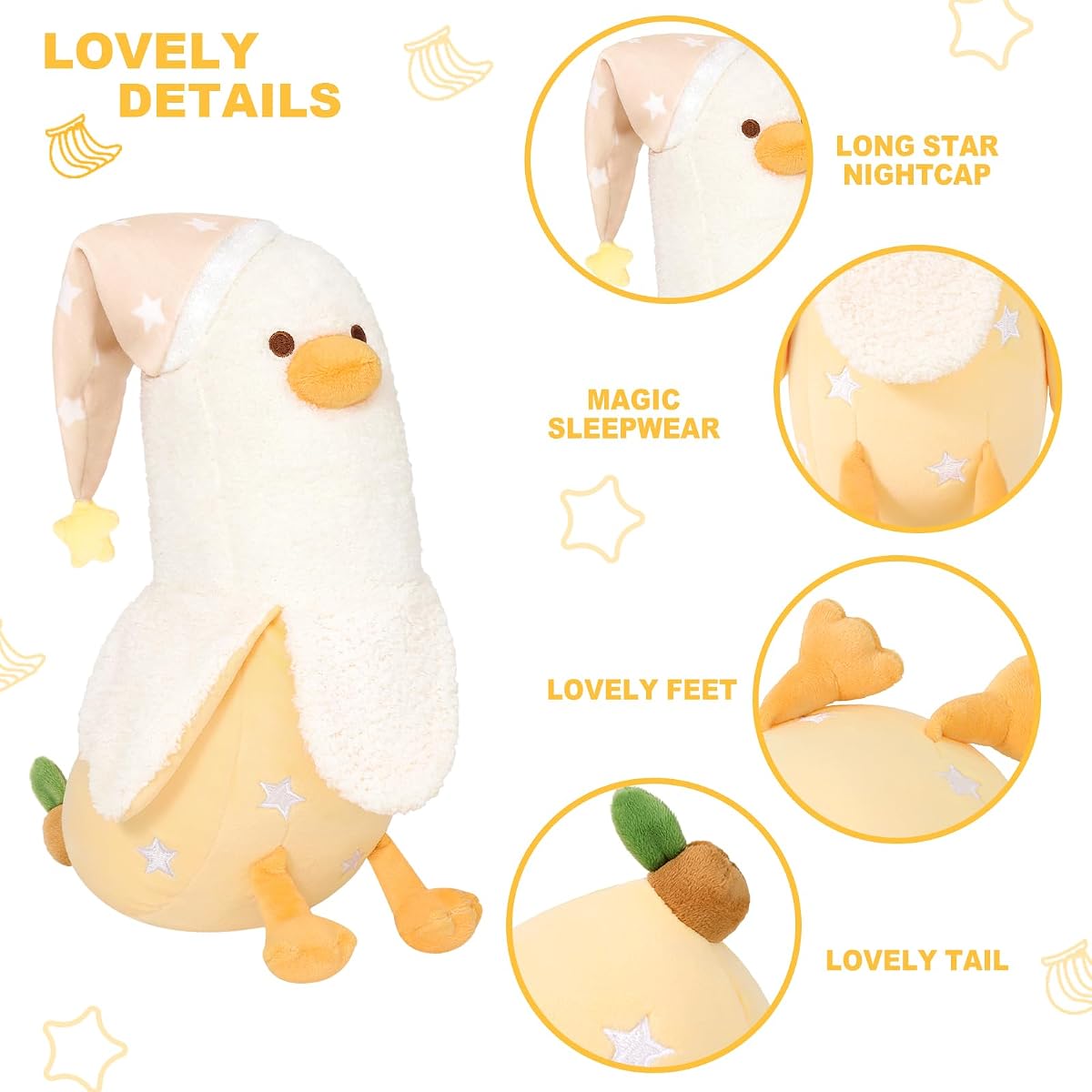 Banana Duck Plush Pillow in a Long Star Nighcap — 12" — view 4