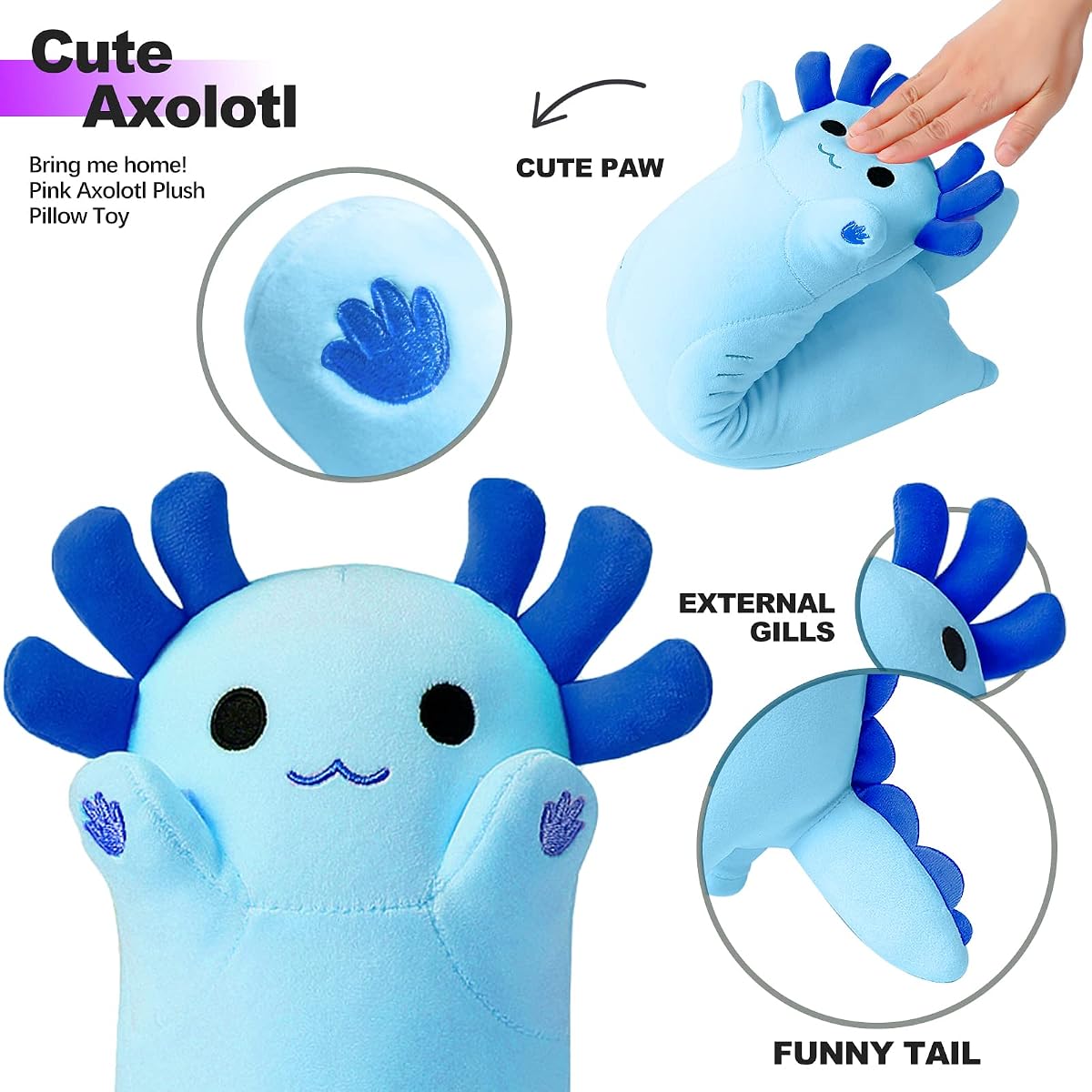 Blue Long Axolotl Plush Pillow Axolotl — 19.6" — view 3