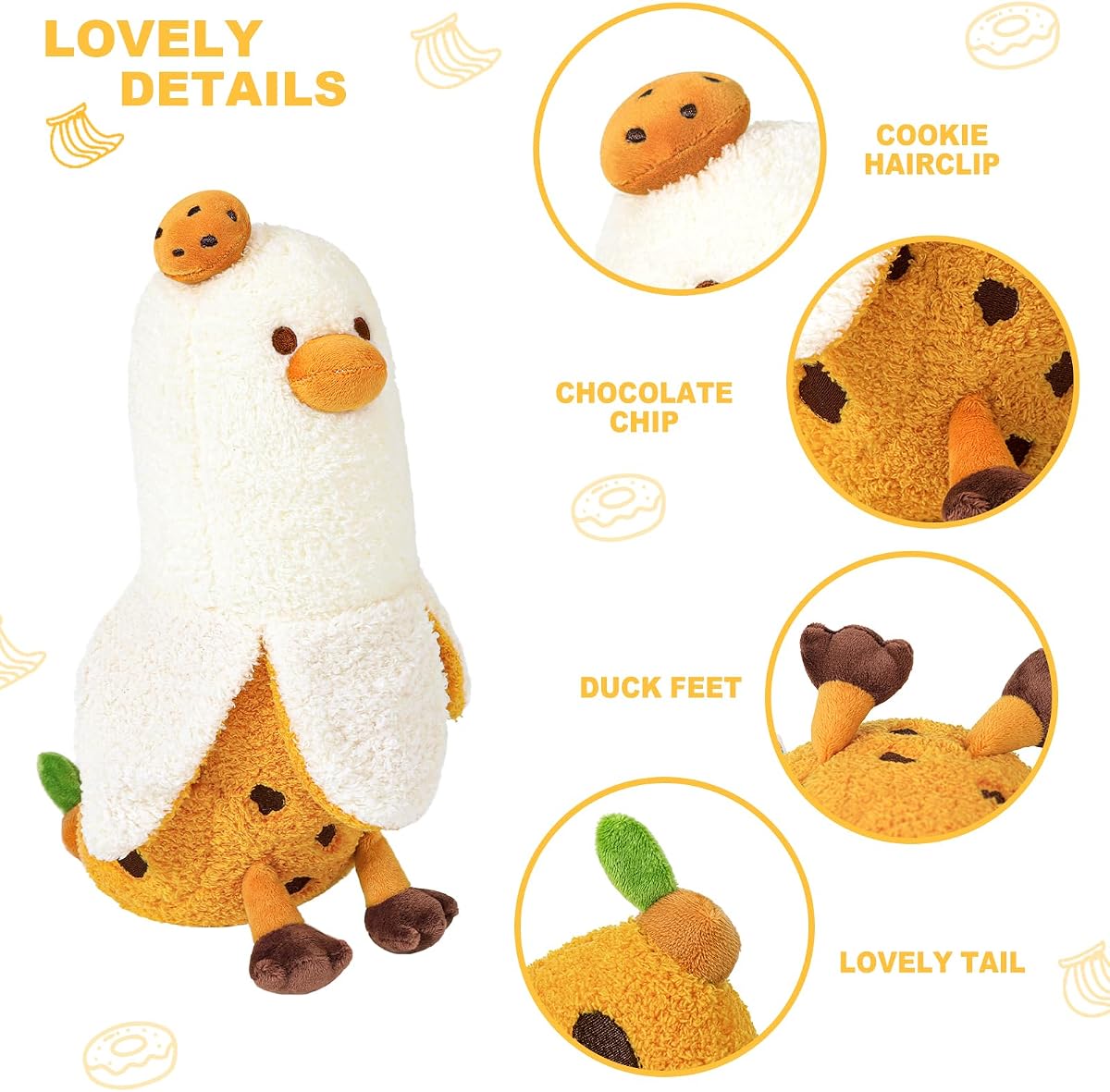 Cookies Banana Duck Plush Pillow with Chocolate Chip Body Dessert — 12" — view 4