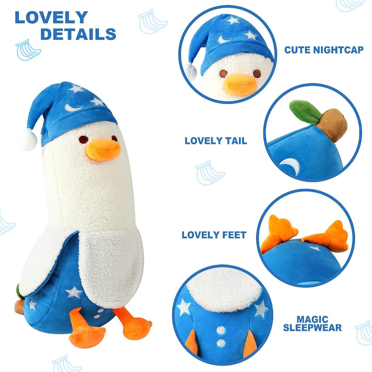 Long Banana Duck Plush Pillow Duck with Nightcap Duck — White And Blue 12" — view 4