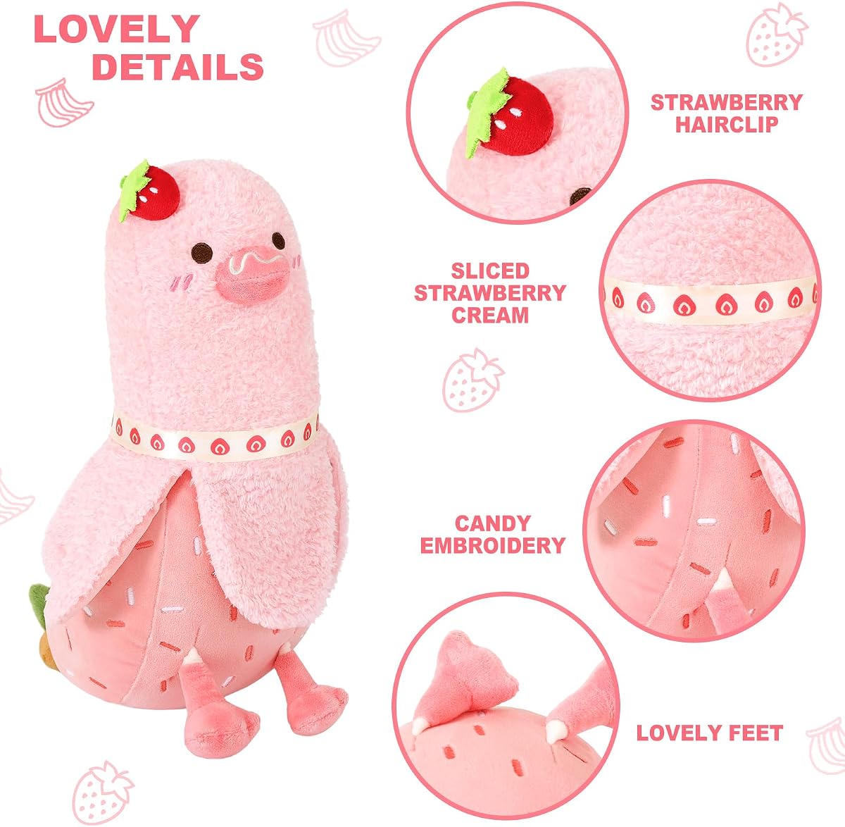 Strawberry Cake Banana Duck Plush Pillow with Cream Candy Body Dessert — 12" — view 4