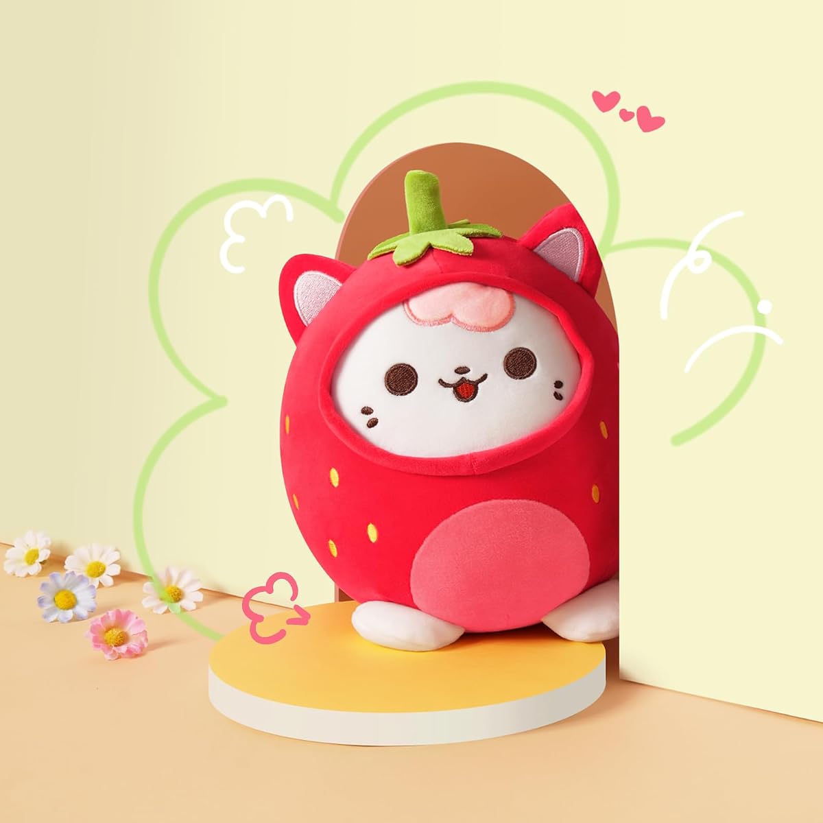 Strawberry Cat Plush Pillow Kitten Cat with Strawberry Outerwear — Red 8" — view 3