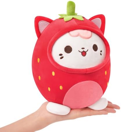 Strawberry Cat Plush Pillow Kitten Cat with Strawberry Outerwear — Red 8"